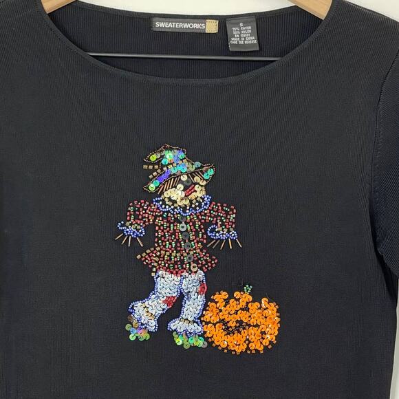 Vintage Sweaterworks Fall Scarecrow and Pumpkin Embellished Sweater Size Sm Y2K - Picture 3 of 4